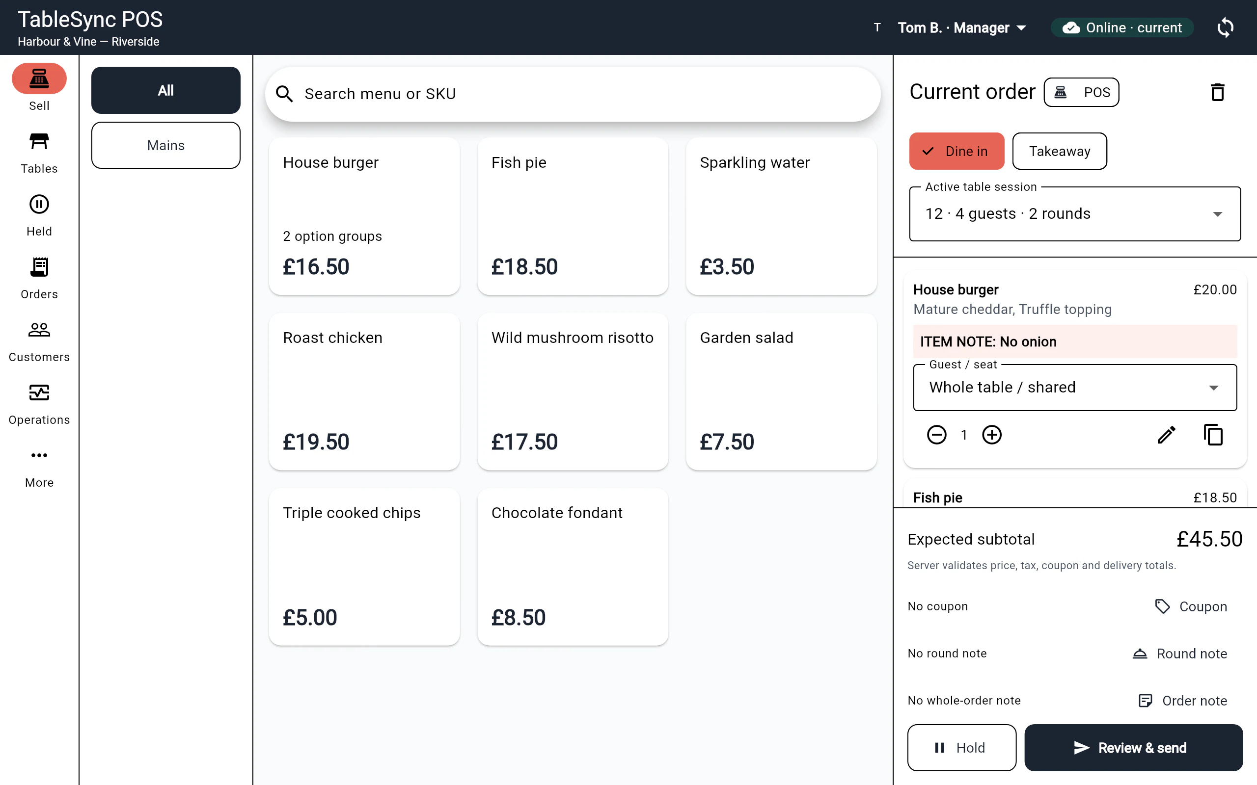 POS menu and Table 12 basket with required choices, a preparation note and a £45.50 subtotal.