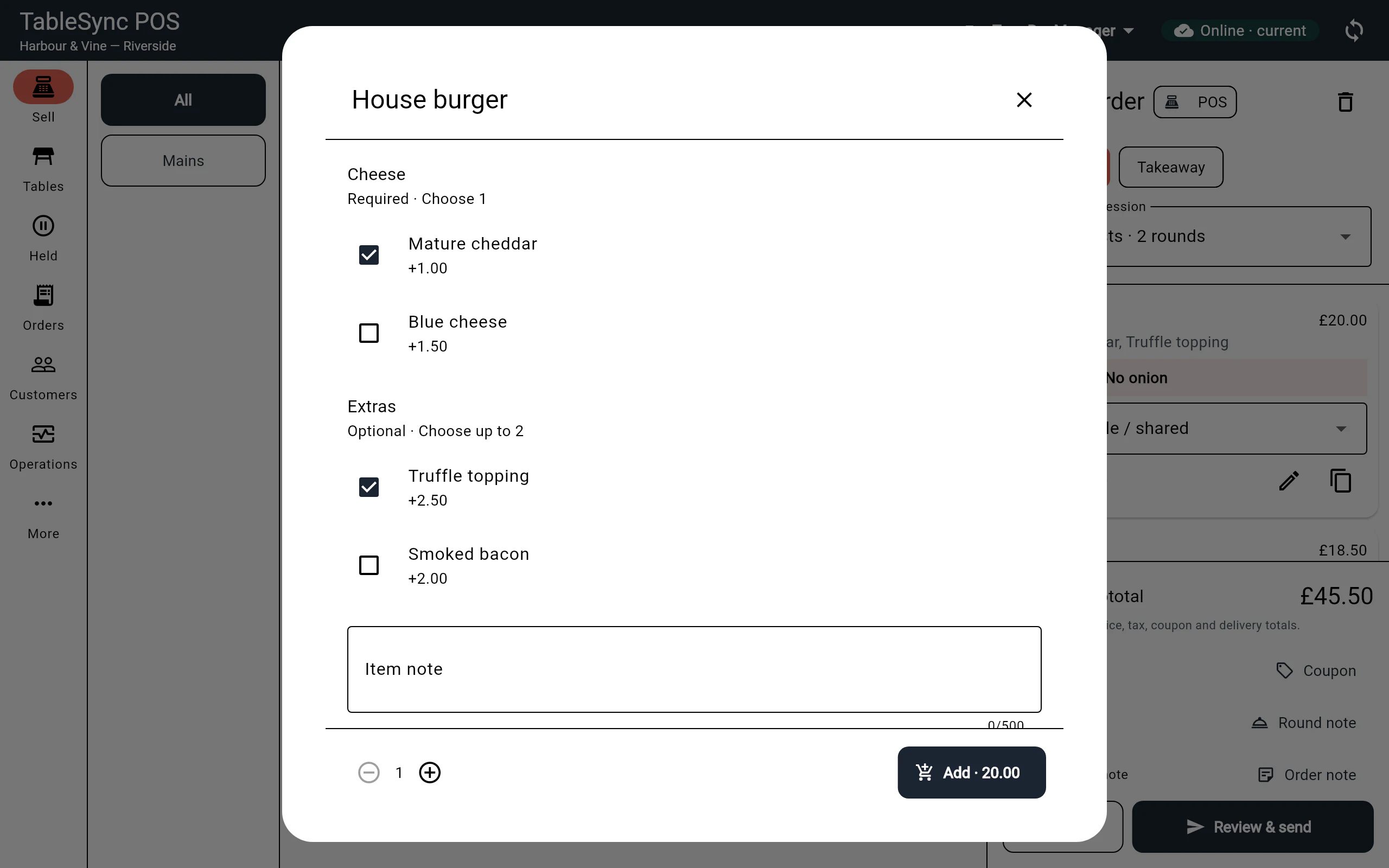 House burger configurator with required cheese, optional extras and an item note.
