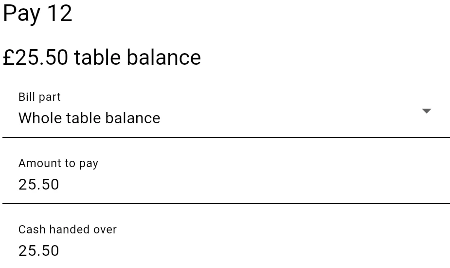 Cash tender fields showing a £25.50 remaining table balance and the amount handed over.