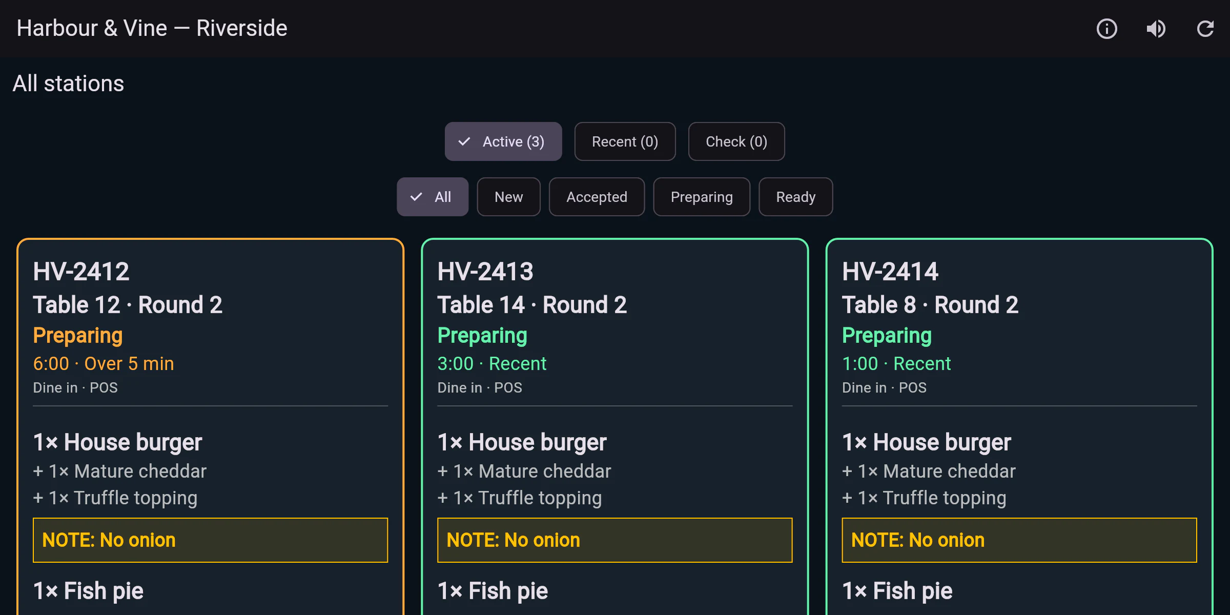 Kitchen board with three preparing tickets; Table 12 round 2 has elapsed six minutes.