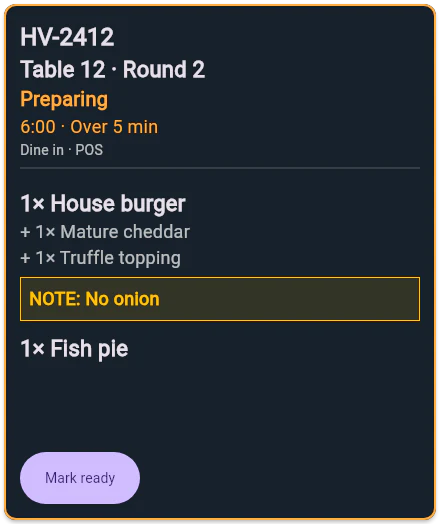 Kitchen ticket HV-2412: Table 12, round 2, six minutes elapsed, burger modifiers and No onion note.