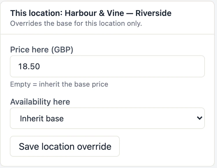Riverside location override with its own £18.50 price and local availability control.