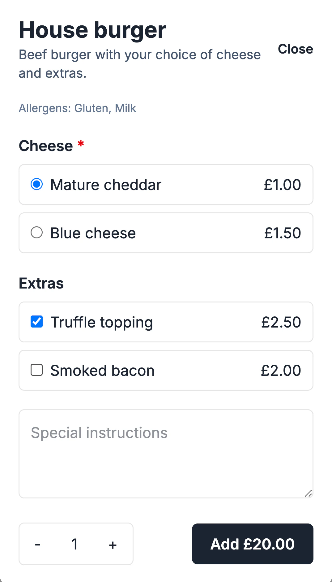Direct Ordering burger choices with allergens, required cheese, optional extras and Add £20.00.