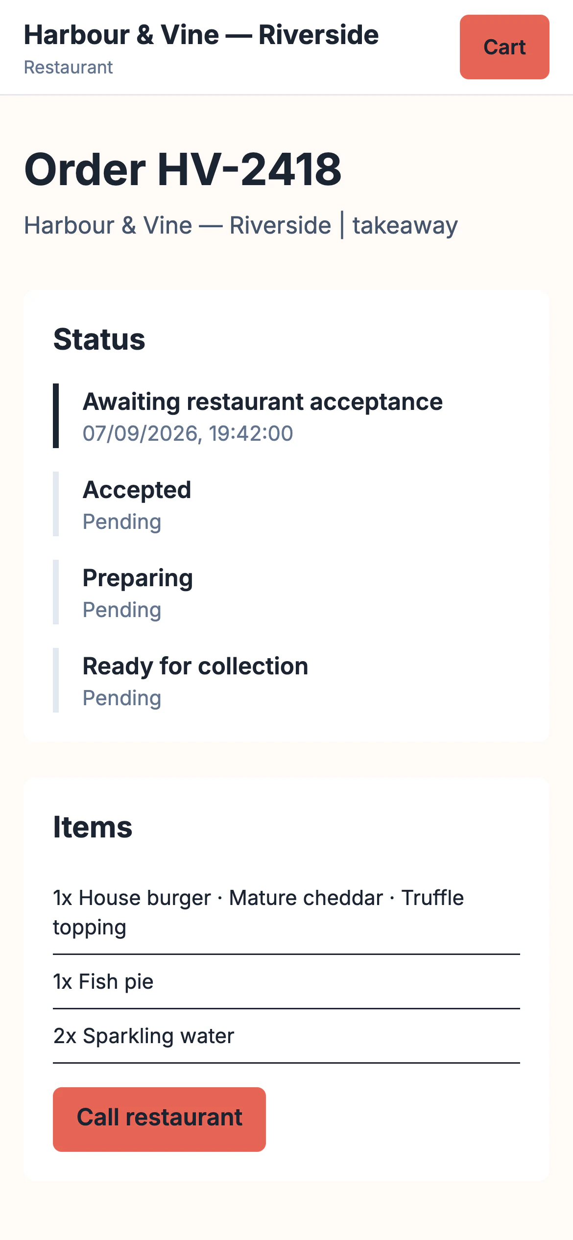 Direct order HV-2418 awaiting restaurant acceptance, with later preparation and collection states still pending.